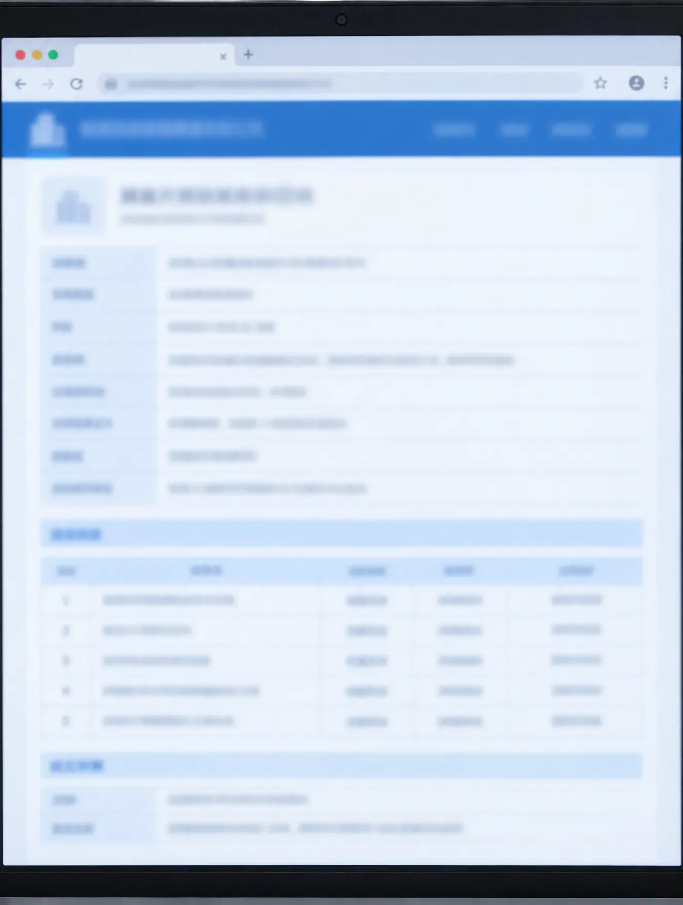 A Chinese company registry record open on a laptop screen, details blurred