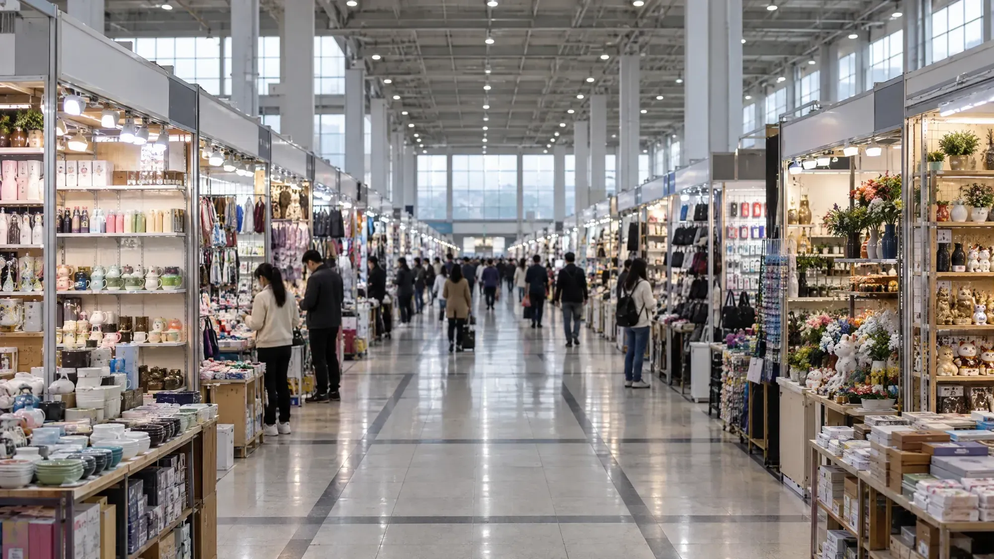An aisle in a large Chinese wholesale market hall lined with stalls of homeware and gifts