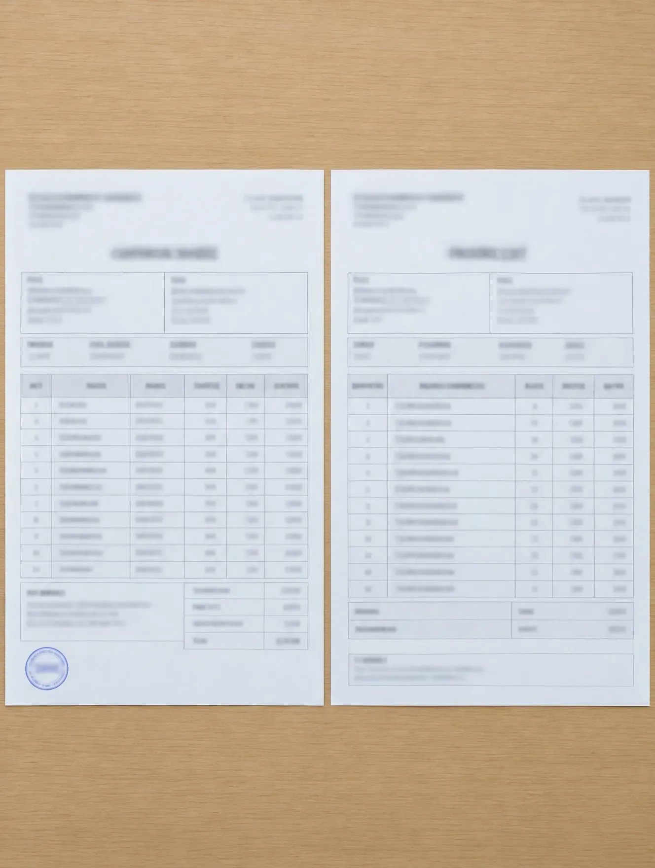 A commercial invoice and a packing list laid side by side on a desk, details blurred
