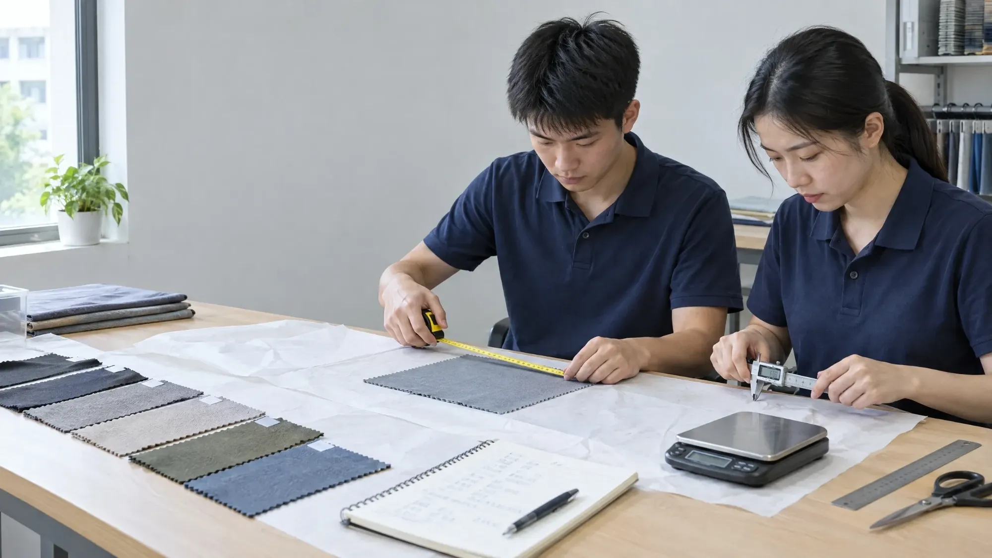 Two staff measuring fabric swatches with a tape, callipers and a scale