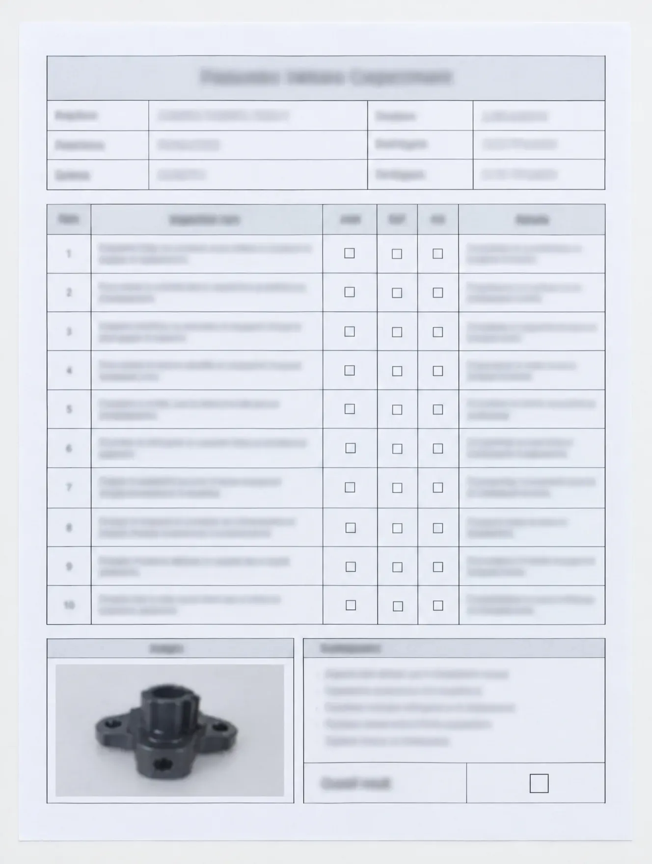 A redacted quality inspection report with defect photos and a pass result