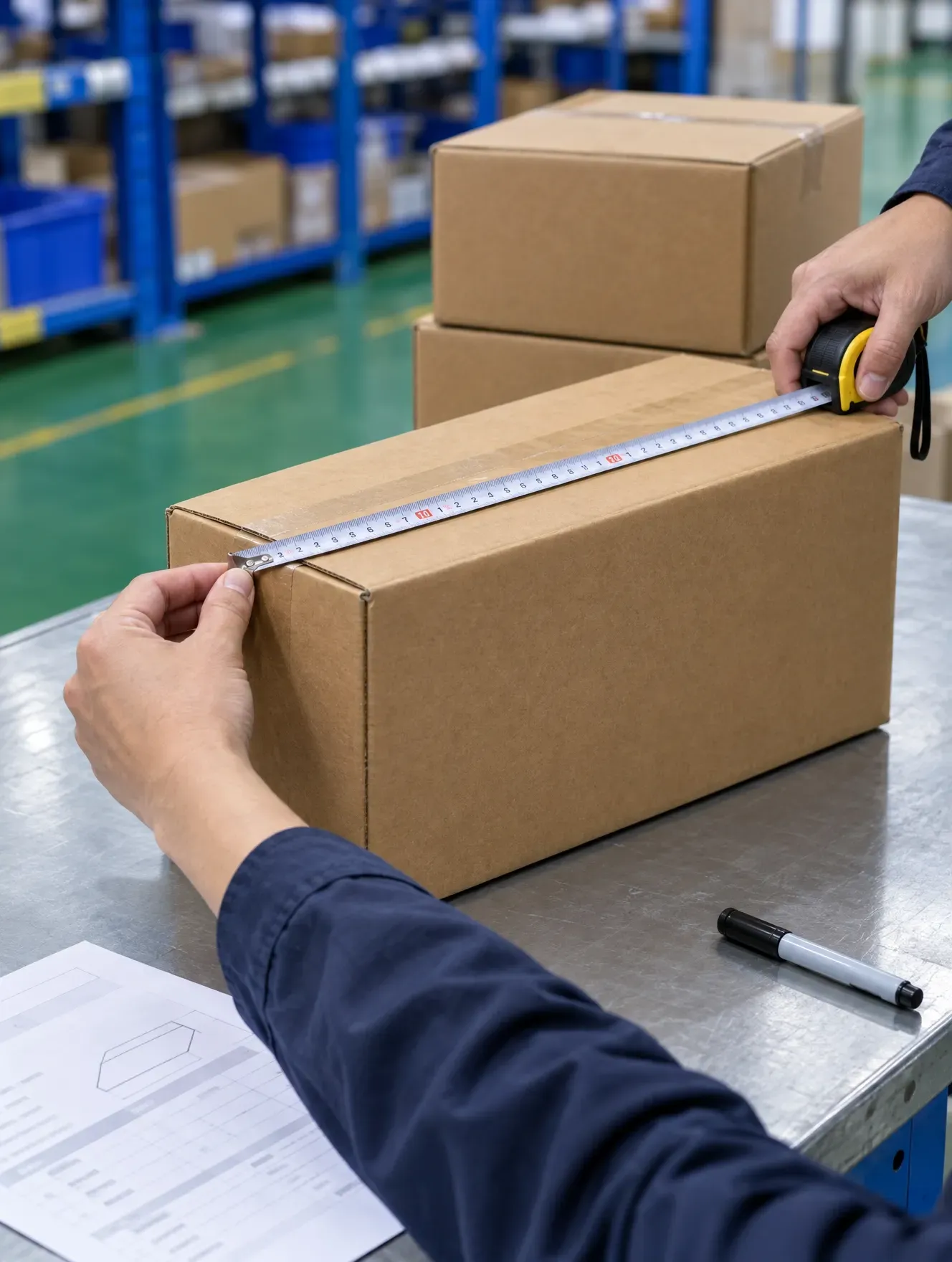 A warehouse worker measuring the dimensions of a carton with a tape measure