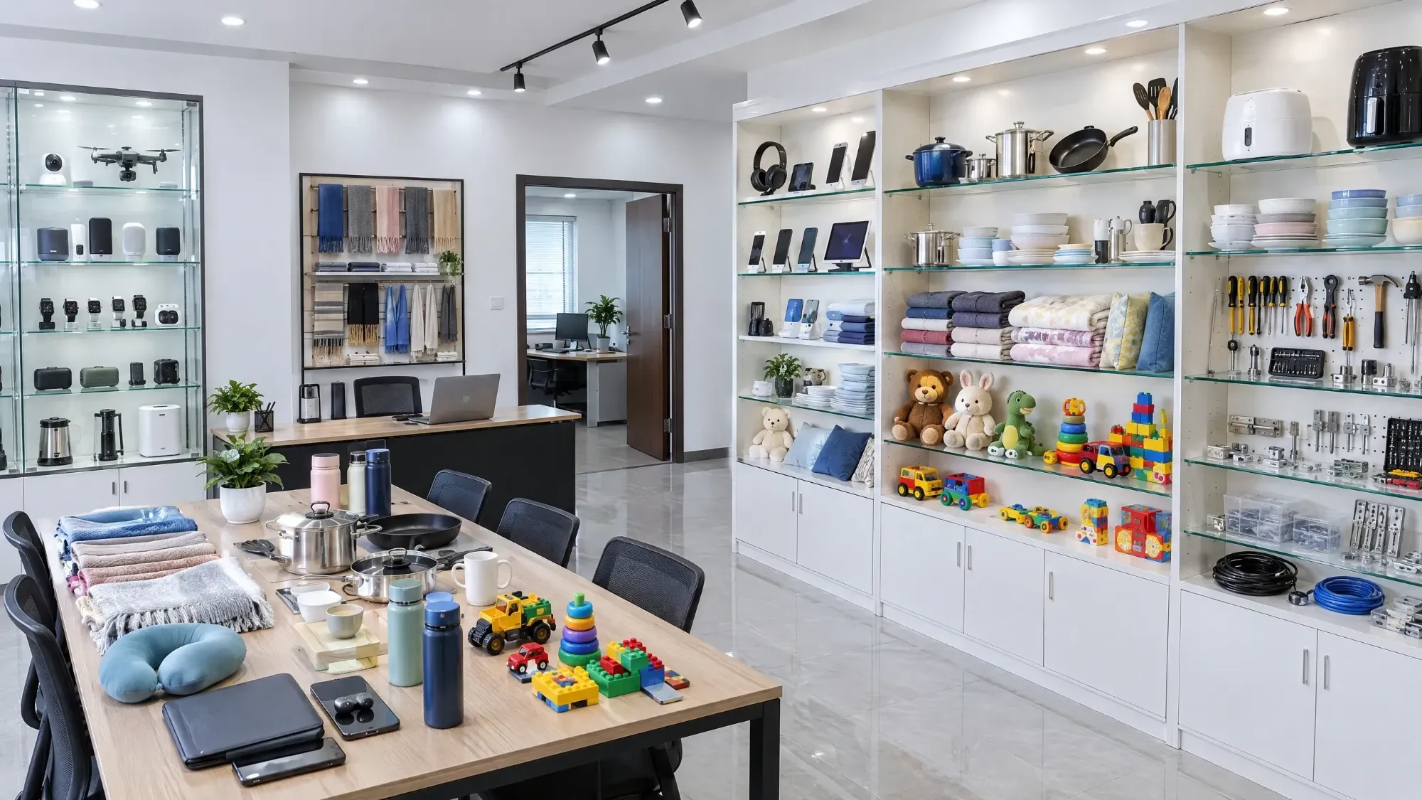 A sample showroom with shelves of unrelated products: electronics, cookware, textiles, toys and tools